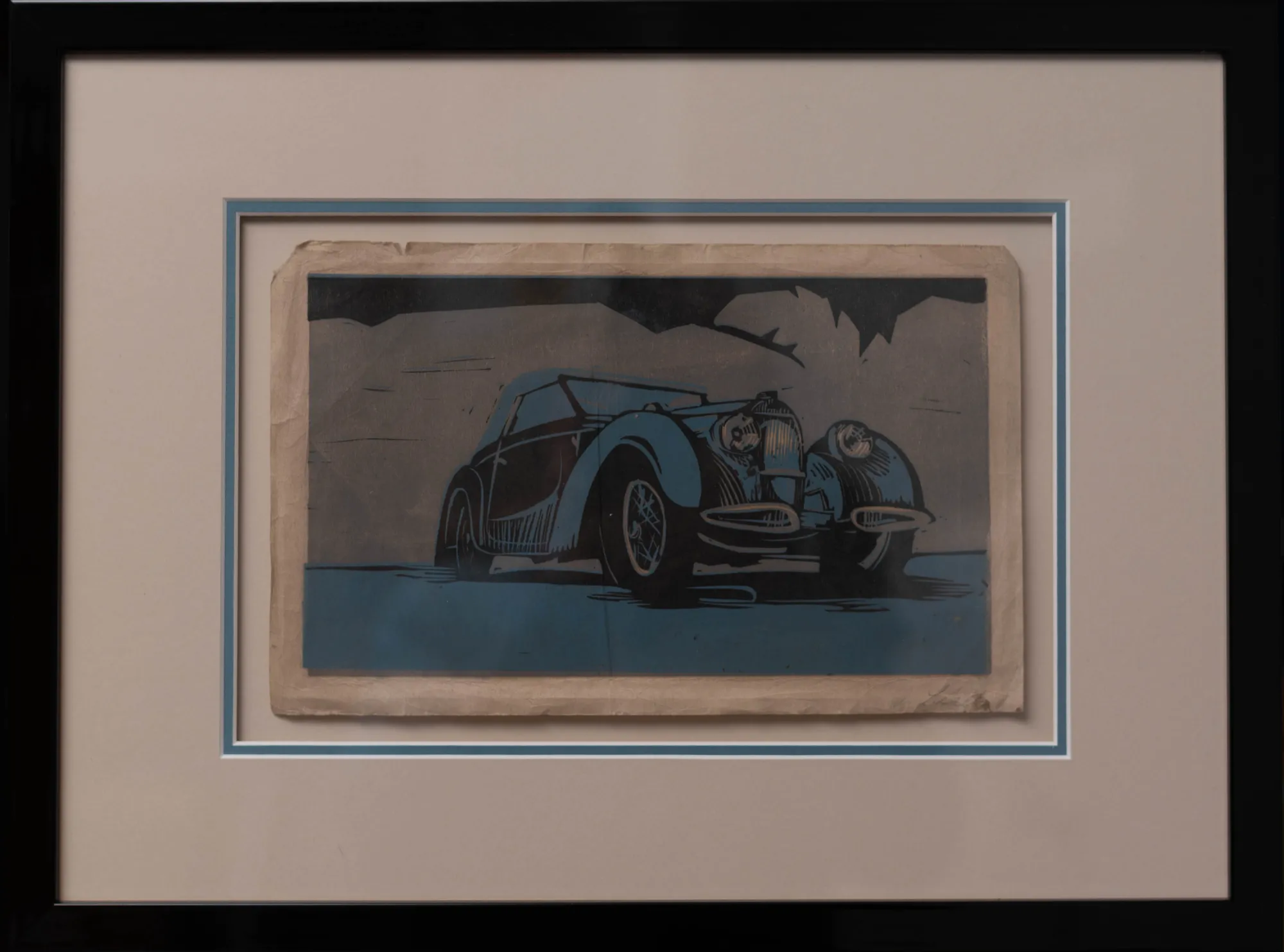 'Blue car' linocut print (See also 'Green racing car' linocut print)