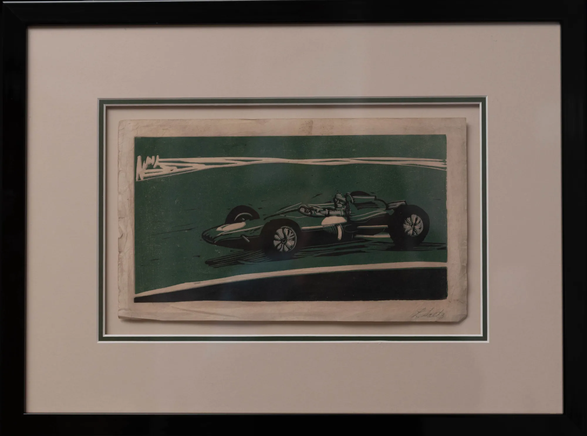 'Green Racing car' linocut print (See also 'Blue car' linocut print)