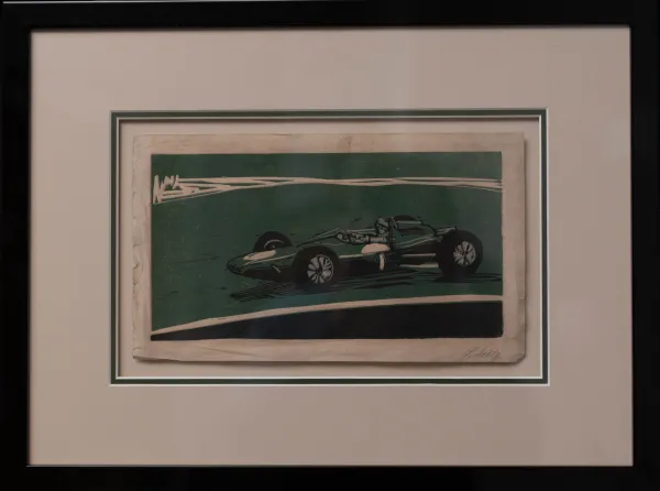 'Green Racing car' linocut print (See also 'Blue car' linocut print)